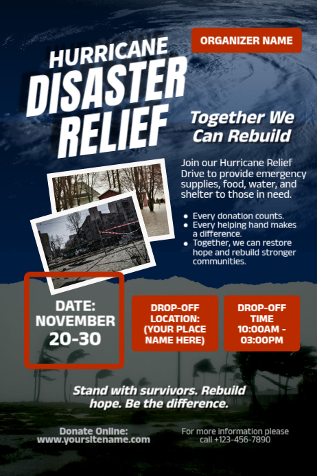 Blue Professional Hurricane Disaster Relief Poster Cartaz template