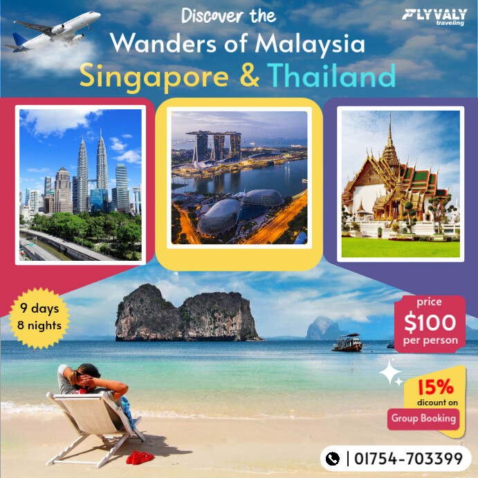 Blue Professional Malaysia Thailand & Singapore Combo Tour Package  Instagram Post template