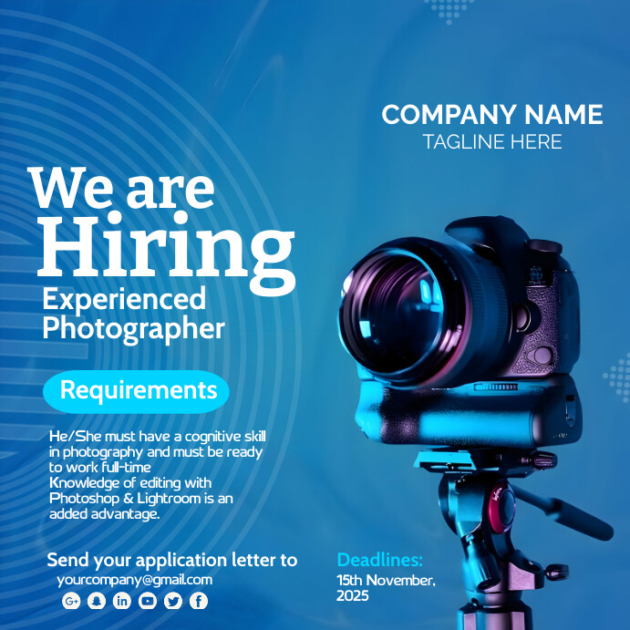 Photographer For Rent Posts Blue Professional Photographer Hiring Instagr Template | PosterMyWall