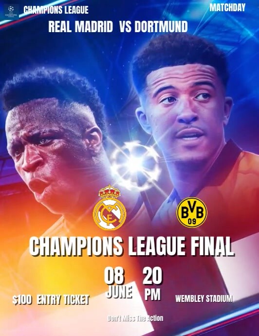 Blue Professional Real Madrid Vs Dortmund Fl Template | PosterMyWall