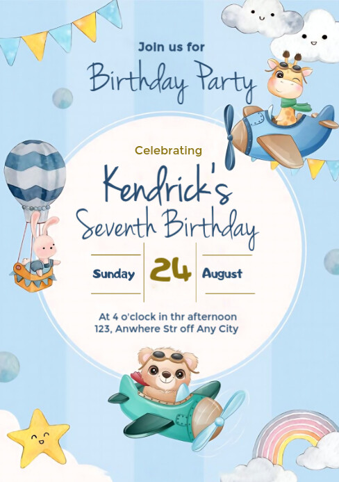 Blue Professional Seventh Birthday Flyer  A5 template