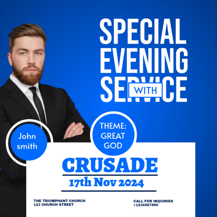 Blue Professional Special Evening Service Instagram Post Template ...