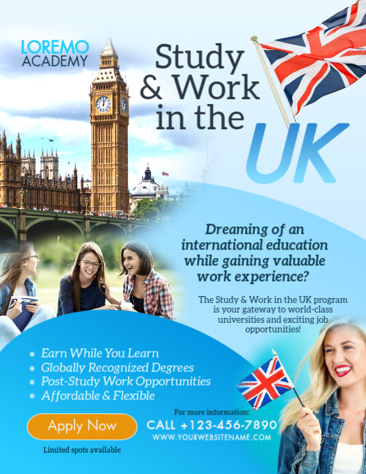 Blue Professional Study & Work In The Uk Flyer (us Letter) template