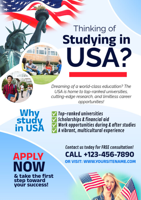 Blue Professional Study In Usa Program A4 Flyer Template | PosterMyWall