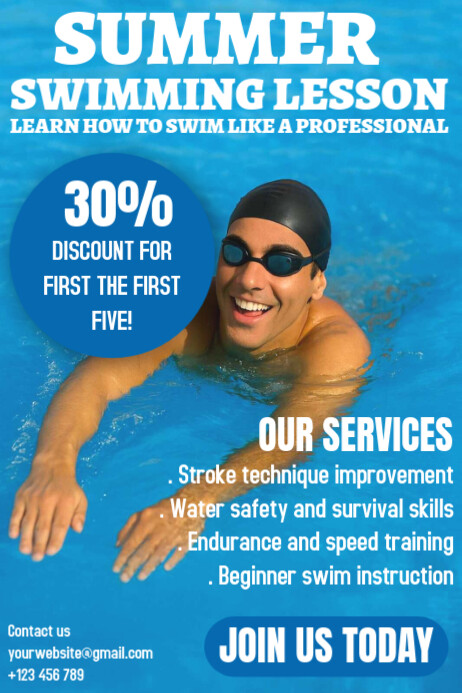 Blue Professional  Summer Swimming Lesson Poster Cartaz template