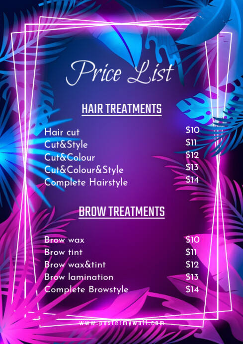 Blue Purple List-based Price List Hair & Brow Treatments A4 template