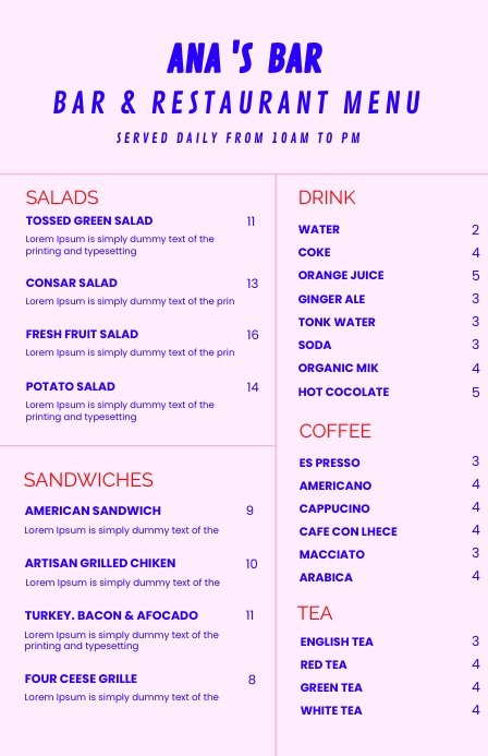 Simple Bar Menu Design