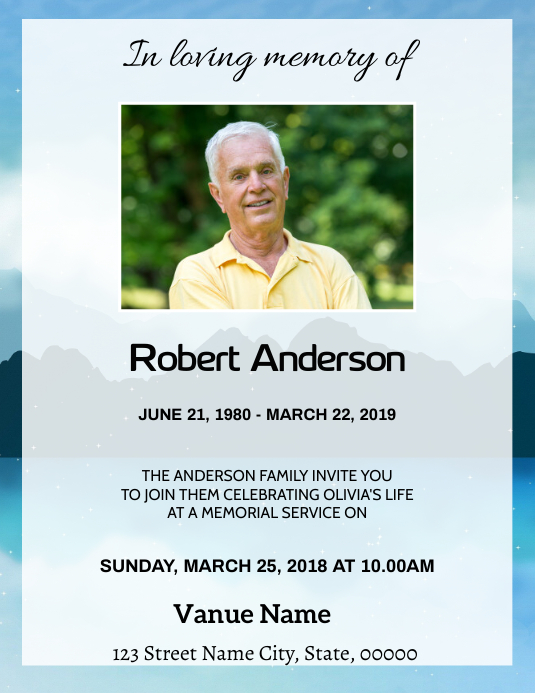 Blue Sky Funeral Announcement Card Template PosterMyWall