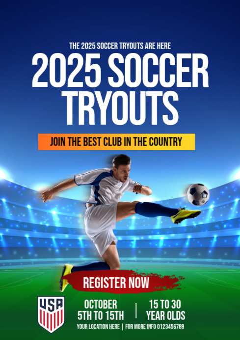 Blue Soccer Tryouts A4 Template | PosterMyWall