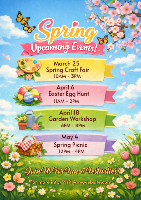 Blue Spring Upcoming Events Flyer A4 Template | PosterMyWall
