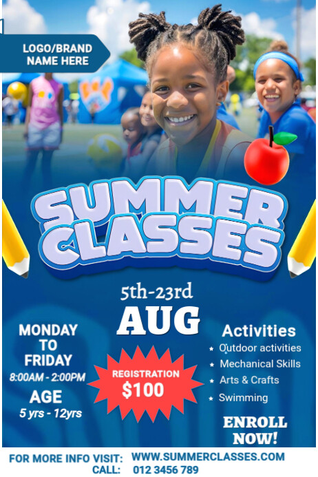 Blue  Summer Fun Camp For Kids - Enroll Now For Engaging Activities! Poster Cartaz template