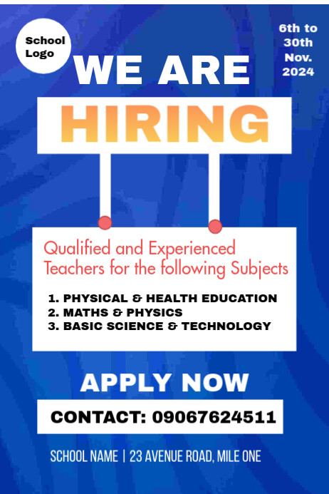 Notice Poster Example Blue Teacher employment notice poster a3 Template | PosterMyWall