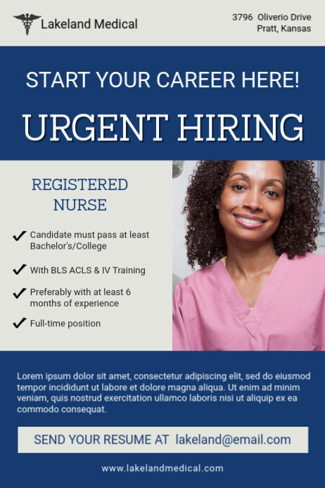 Blue Urgent Nurse Job Poster Template | PosterMyWall