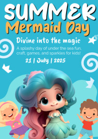 Blue Vintage Summer Mermaid Day A4 template
