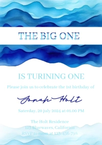 Blue waves birthday invitation A5 template