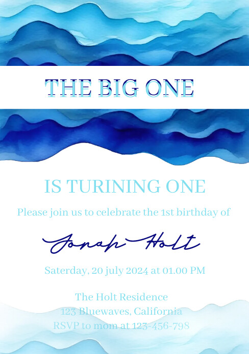 Blue waves birthday invitation A5 template