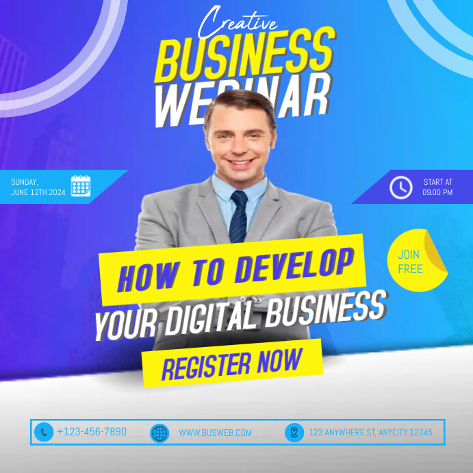 Plantilla de Blue white business webinar template | PosterMyWall
