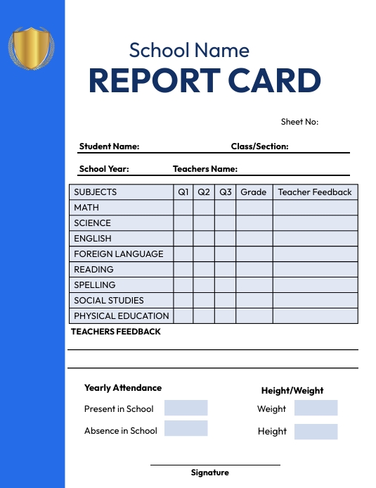 Bc Report Card Examples Blue White School Report Card Template | PosterMyWall