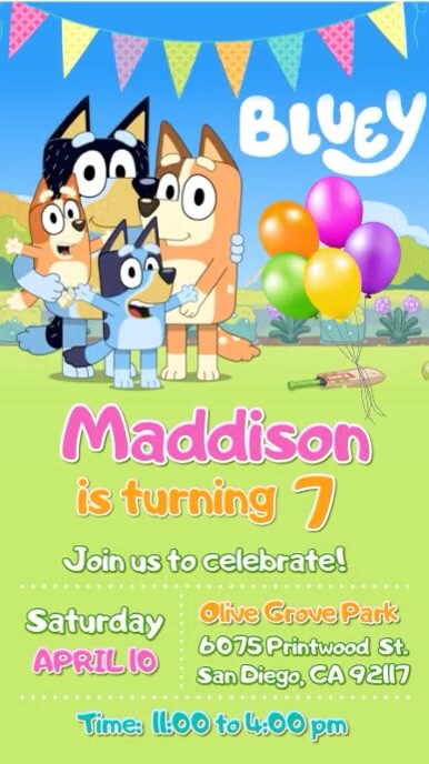 Bluey birthday party fun birthday card, balloons, park, happy Instagram Story template