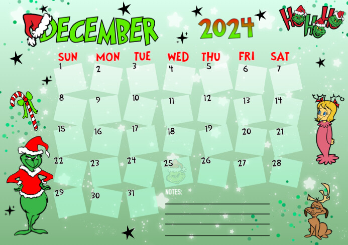 December Grinch 2024 Calendar A4 template