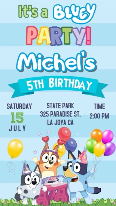 bluey party invitation, colorfu, joyful, balloons, girl or boy Instagram, whatsapp story. template