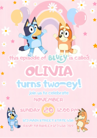 Bluey TWO-EY 2nd Birthday Invitation, Bluey Birthday Invitation, Daisy Rainbow Party A4 template