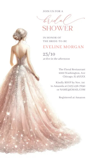Blush pink sparkly wedding gown bridal shower Template | PosterMyWall Blush pink sparkly wedding gown bridal shower Template | PosterMyWall