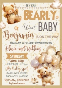Boho Teddy Bear Baby Shower Invitation A6 template