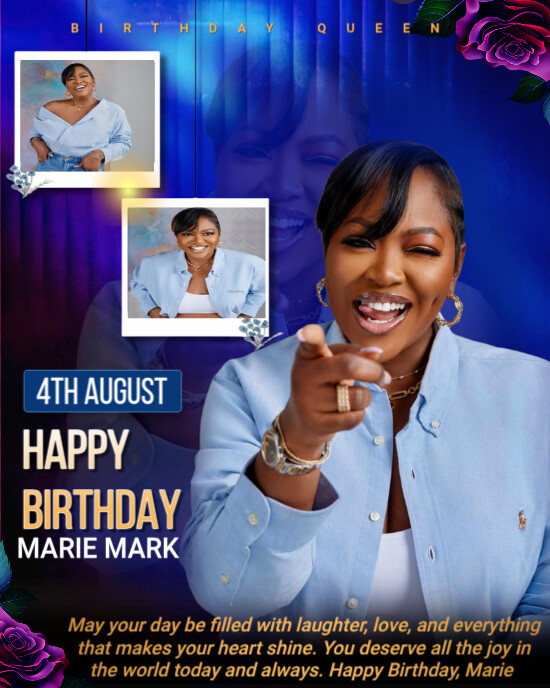 Bold & Elegant Birthday Queen Flyer Template – Blue & Gold Theme Instagram Portrait
