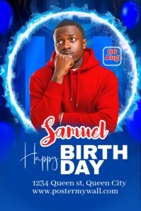 Bold blue birthday flyer for men with modern glow effect Poster template