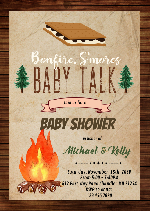Bonfire smore baby talk party invitation A6 template