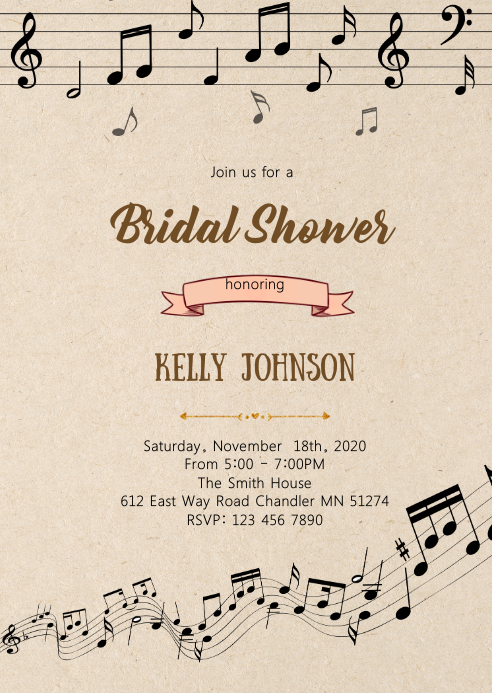 Book and music shower party invitation A6 template