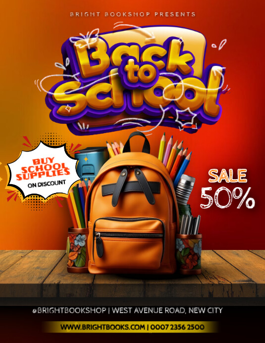 Bookstore stationery back to school sale flyer template for Facebook post Folheto (US Letter)