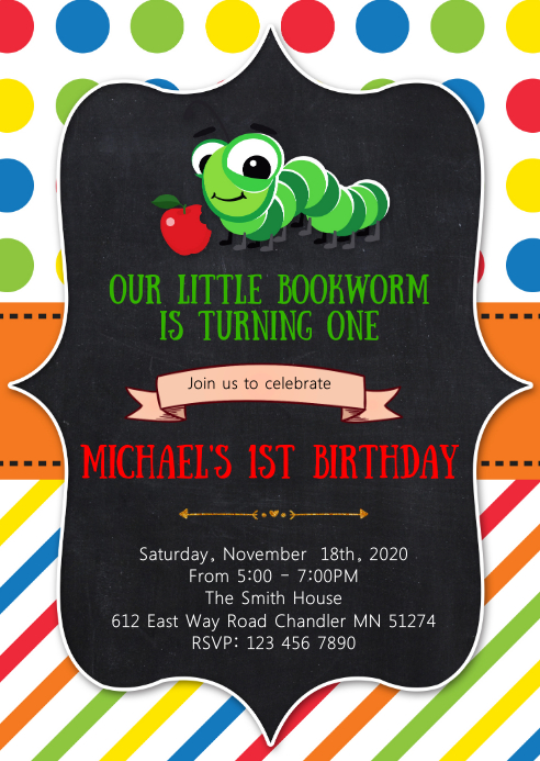 Bookworm birthday party invitation A6 template