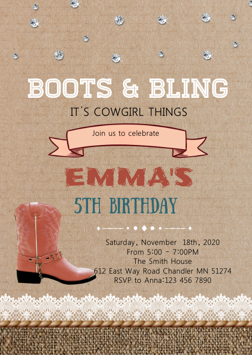 Bootlegger Invitations Boots and bling birthday party invitation Template | PosterMyWall