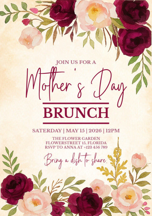 Bordeaux watercolor flower Mother's day brunch invitation A5 template