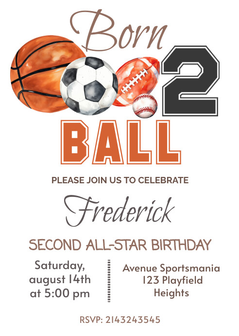 Born 2 Ball Invitation Template, Editable 2nd A6