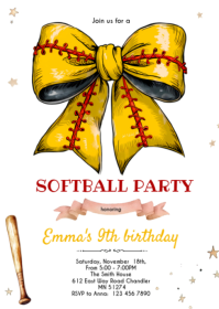 Bow softball party invitation A6 template