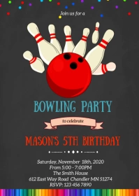 Bowling birthday party invitation A6 template