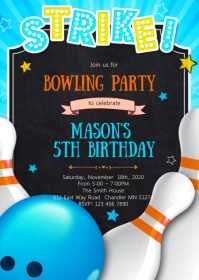 Bowling birthday party invitation A6 template