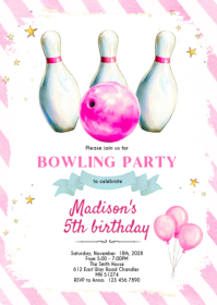 Bowling girl party theme invitation A6 template