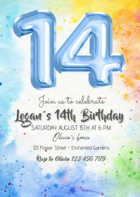 boy balloon 14th Birthday Invitation A6 template