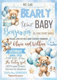 boy Bear Baby Shower Invitation A6 template