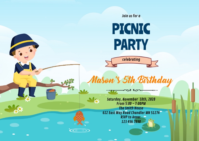 Boy fishing invitation A6 template