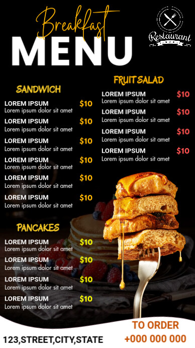 Breakfast Menu Flyer Ekran reklamowy (9:16) template