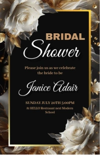 Bridal shower black with white rose card template Meia página larga