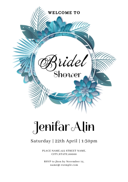 Bridal shower invitation card blue frame (2) A5 template