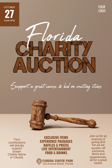 Auction Poster Examples Brown 3d Charity Auction Poster Template | PosterMyWall