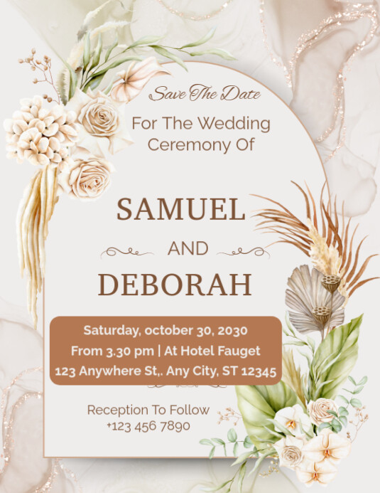 Brown and cream flower watercolor wedding invitation Flyer (US Letter) template