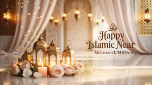 Brown Collage Elegant Happy Islamic New Year Greeting With Beautiful Flowers And Lanterns  Digital D template